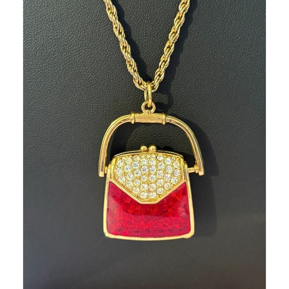 Swarovski Purse Locket Pendant Necklace Crystal Red Enamel Vintage Swan‎ Opens